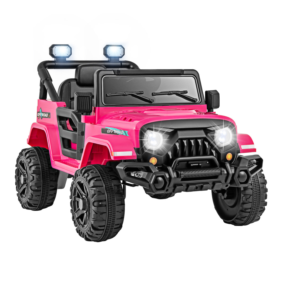 12V Kids Ride on Truck in bright pink with illuminated headlights and roof spotlights