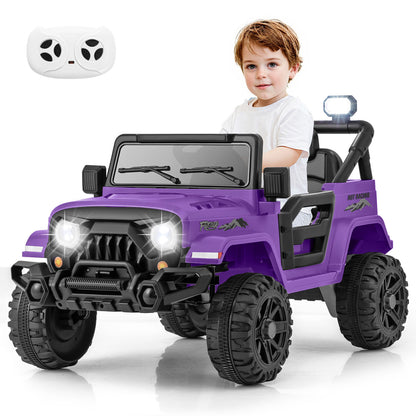 Child driving the purple kids electric car with remote control