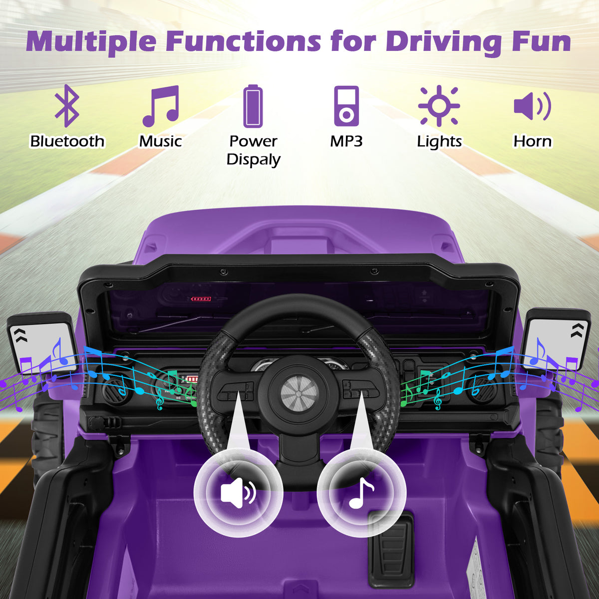 The steering wheel and dashboard of the purple kids electric truck with various function buttons