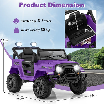 Purple kids electric car dimension diagram showing size and weight capacity