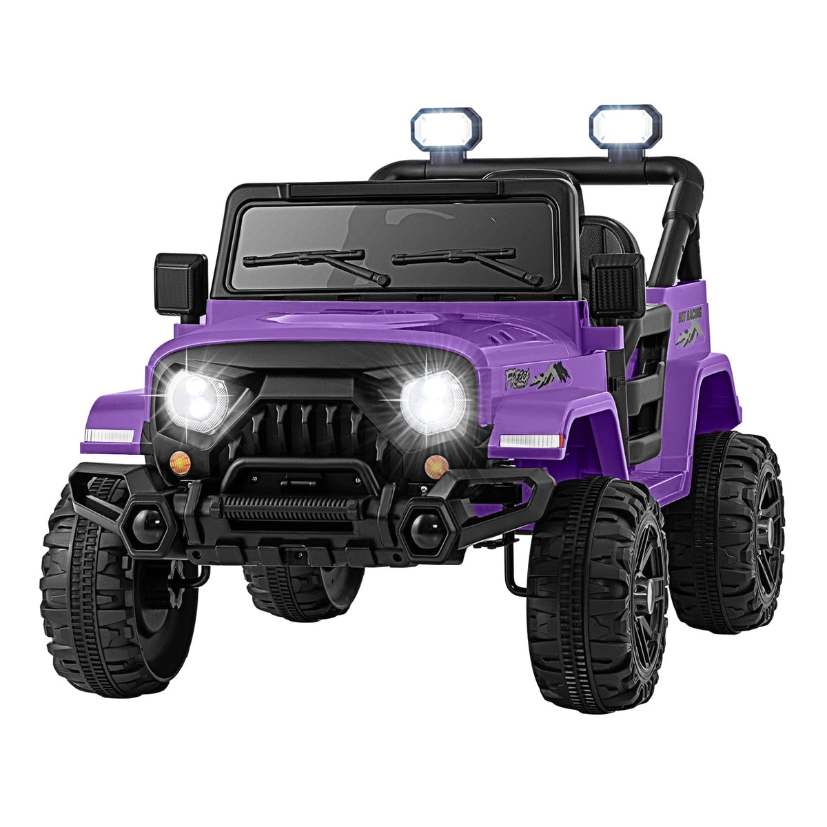 12V Kids Ride on Truck with remote control in purple, front view with lights on