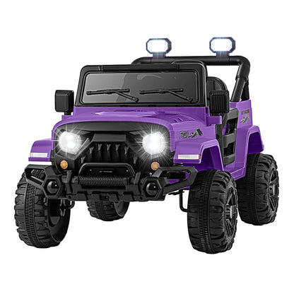 12V Kids Ride on Truck with remote control in purple, front view with lights on