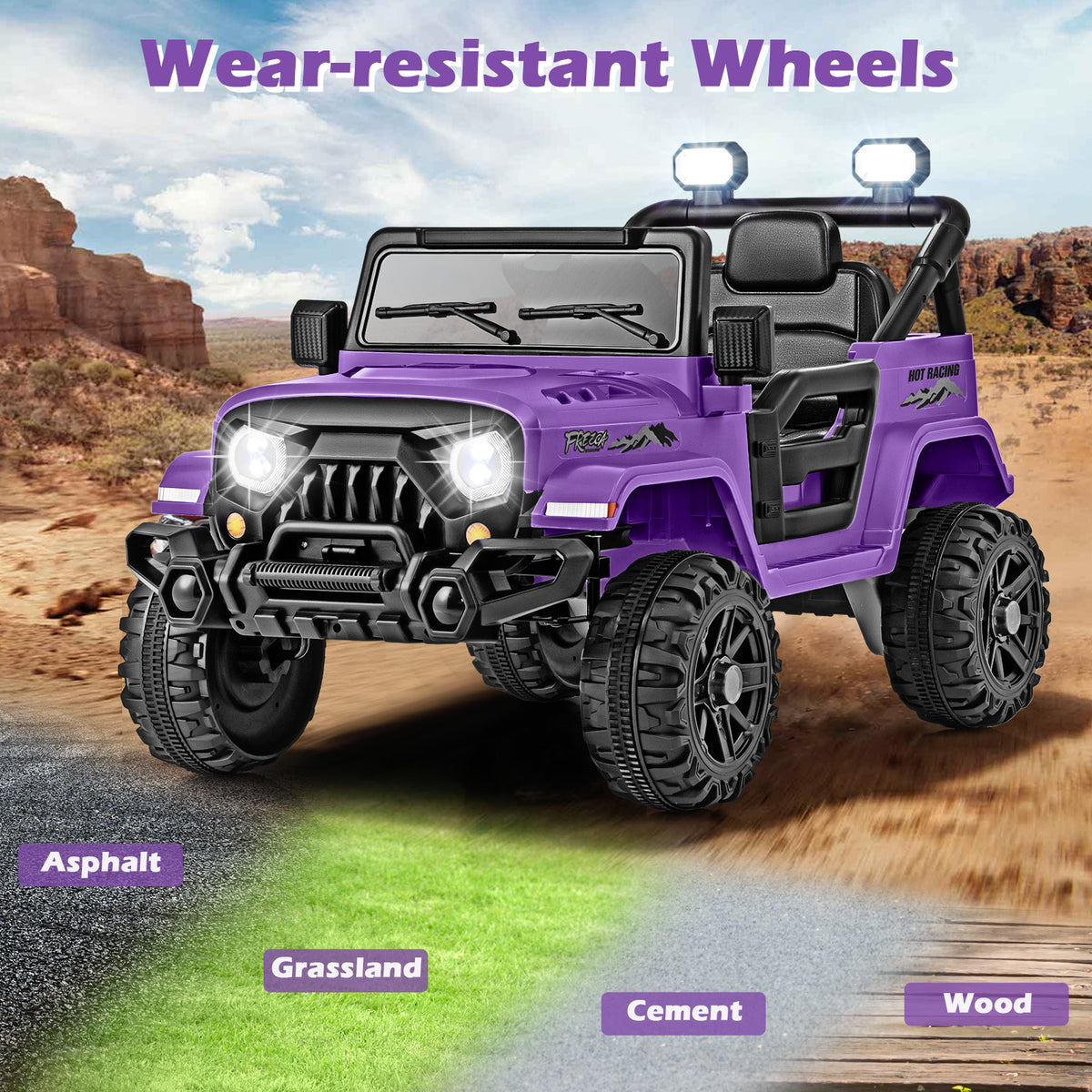 Purple kids electric car on different surfaces like asphalt and grass