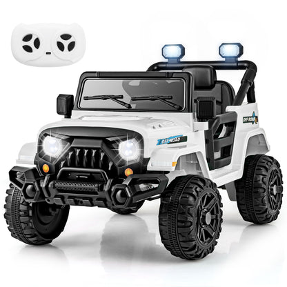 The white kids electric car with a remote control on the dashboard