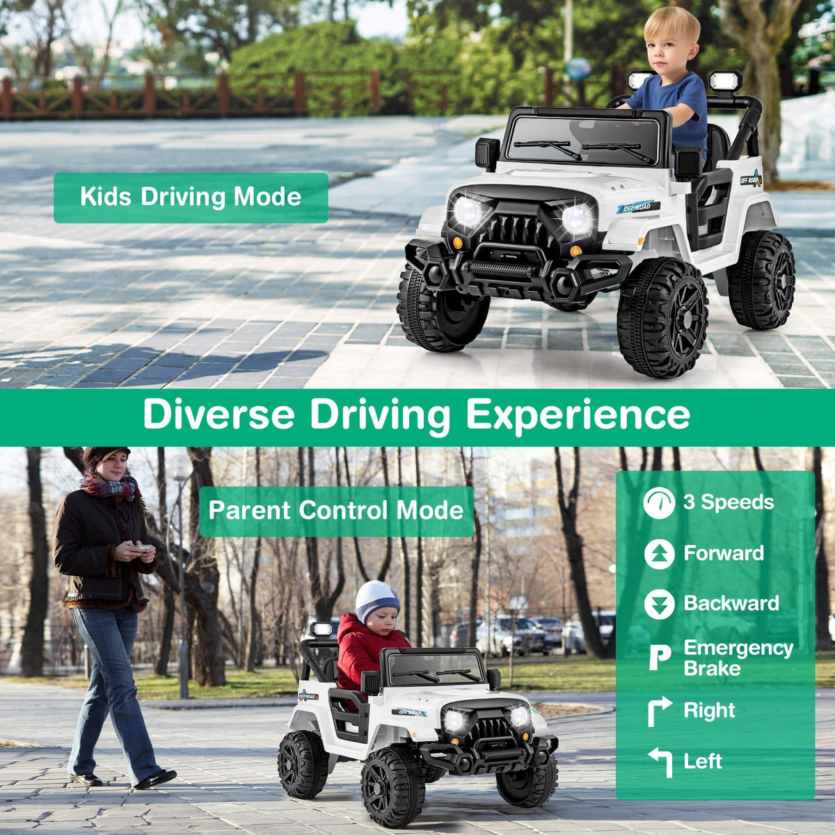 The kids electric car shown in parent control mode and child driving mode