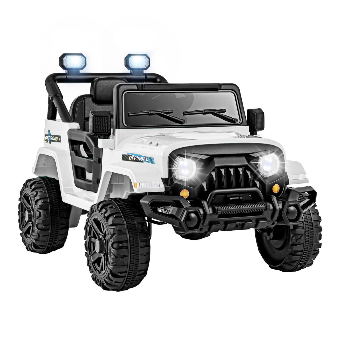 12V Kids Ride on Truck front view with headlights on and blue lights on the roof