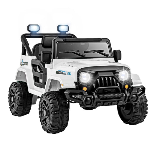 12V Kids Ride on Truck front view with headlights on and blue lights on the roof