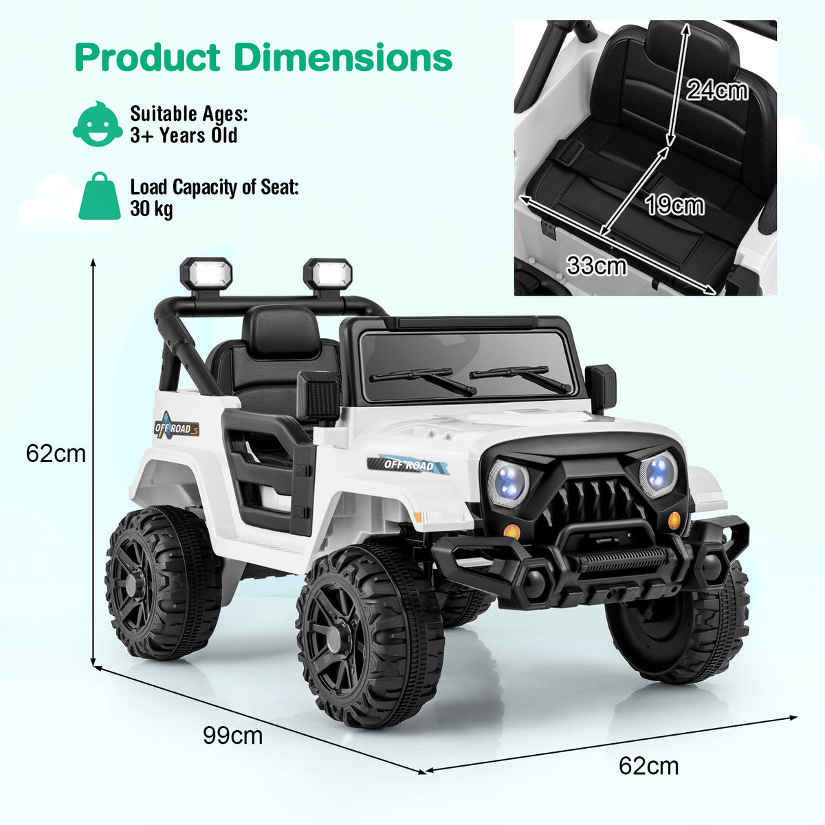 Product dimensions diagram for the white kids electric truck showing height and width