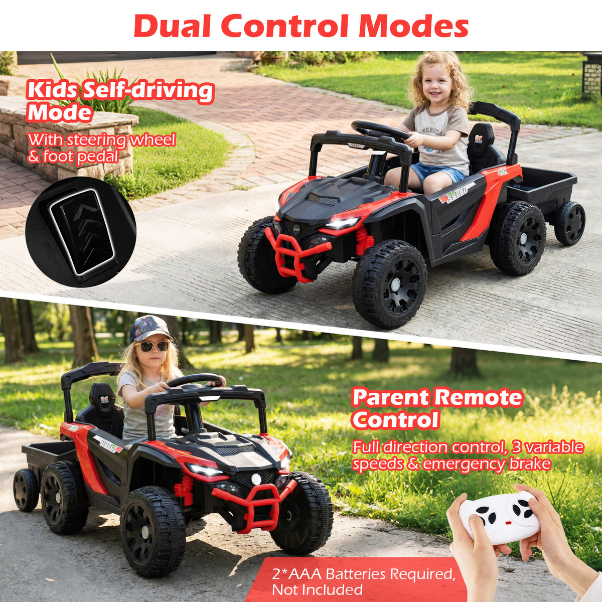 Dual control modes for the red kids electric tractor with trailer, showing steering wheel and remote control