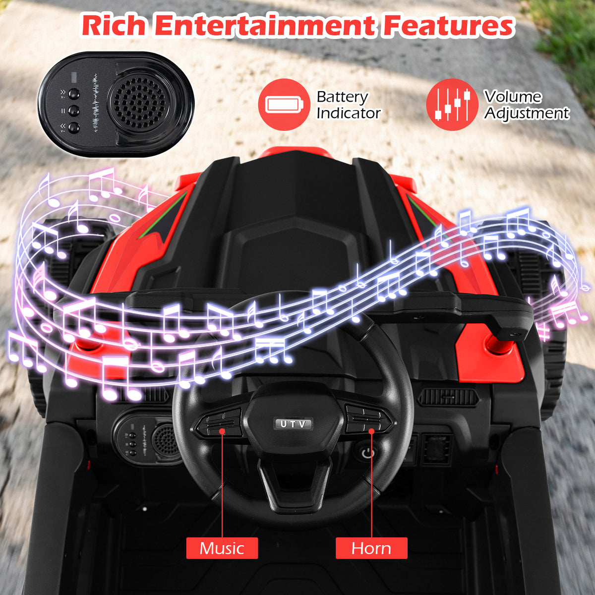 Close up of the steering wheel and dashboard of the red kids electric tractor with trailer