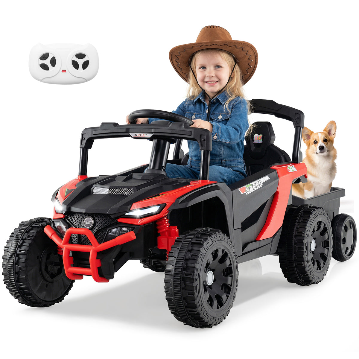 12V Kids Ride On UTV Tractor with Detachable Trailer in red, with a child driving and a dog in the trailer