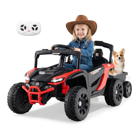 12V Kids Ride On UTV Tractor with Detachable Trailer in red, with a child driving and a dog in the trailer