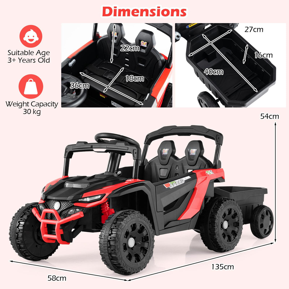 Dimensions diagram of the red kids electric tractor with trailer showing measurements