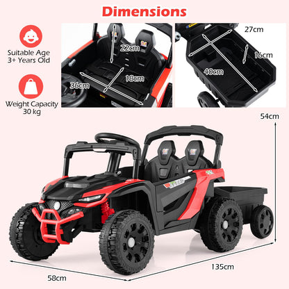 Dimensions diagram of the red kids electric tractor with trailer showing measurements