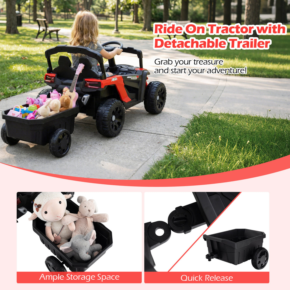 The red kids electric tractor with trailer loaded with toys, showing ample storage space