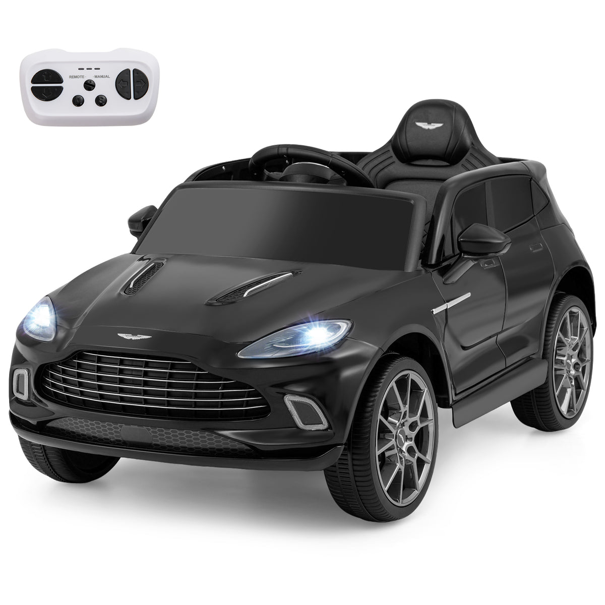 12V Kids Ride on Vehicle Aston Martin Licensed in black, front view with headlights on