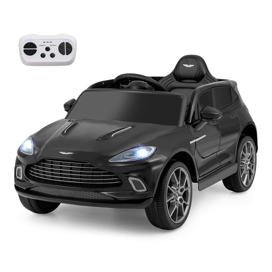 12V Kids Ride on Vehicle Aston Martin Licensed in black, front view with headlights on