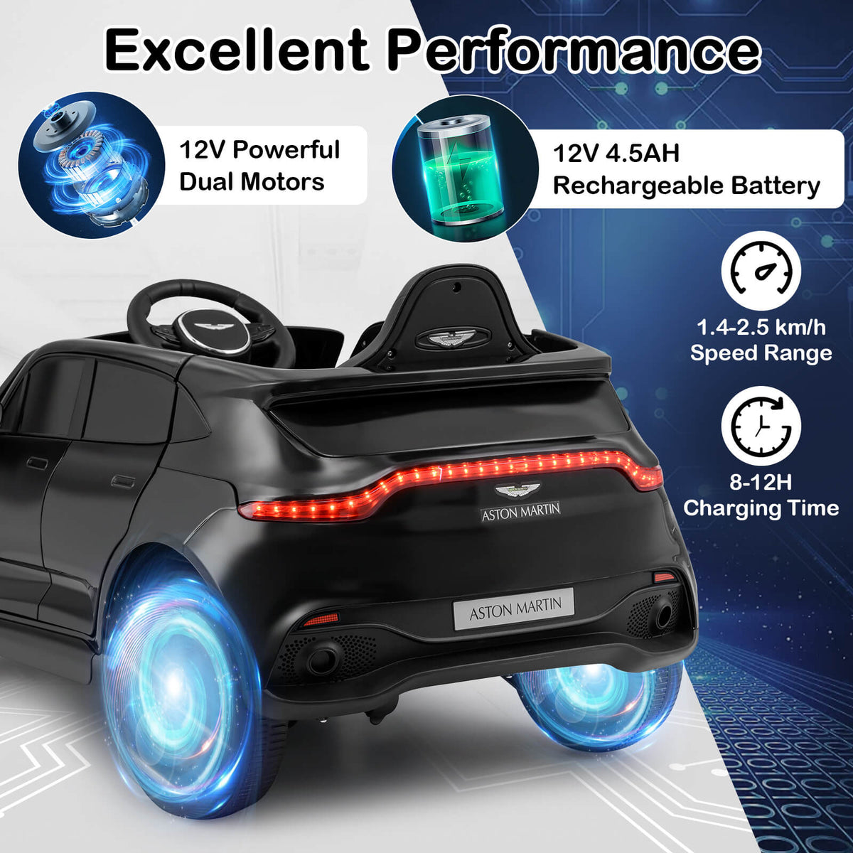 Rear view of the black kids electric car showing taillights and wheels