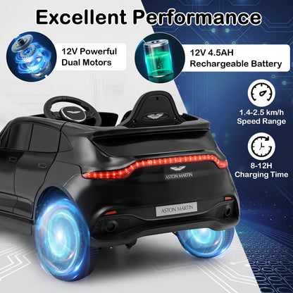 Rear view of the black kids electric car showing taillights and wheels