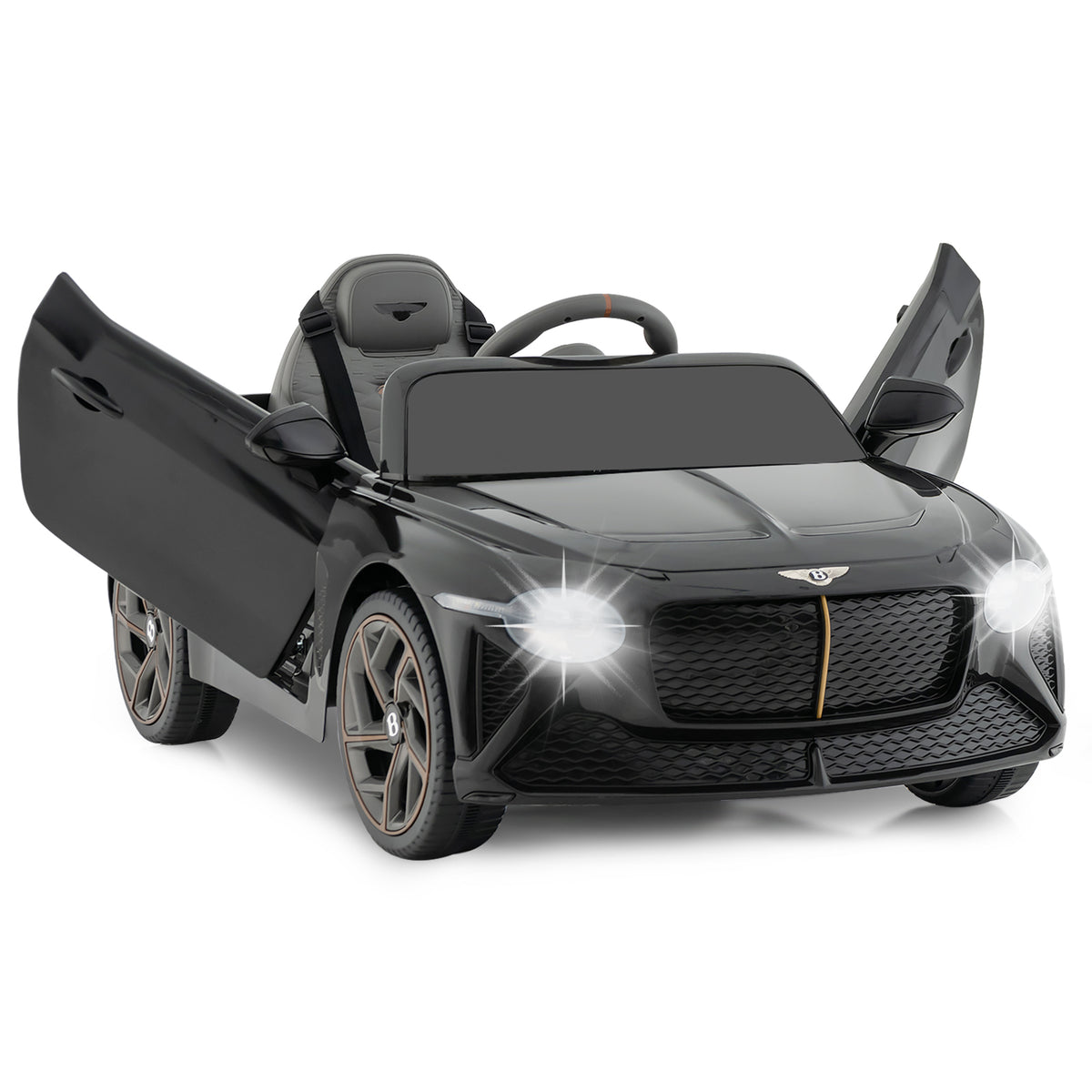12V Licensed Bentley Bacalar Kids Ride On Car in black with open scissor doors and bright headlights