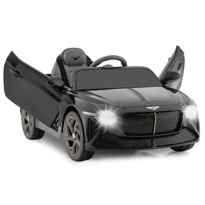 12V Licensed Bentley Bacalar Kids Ride On Car in black with open scissor doors and bright headlights
