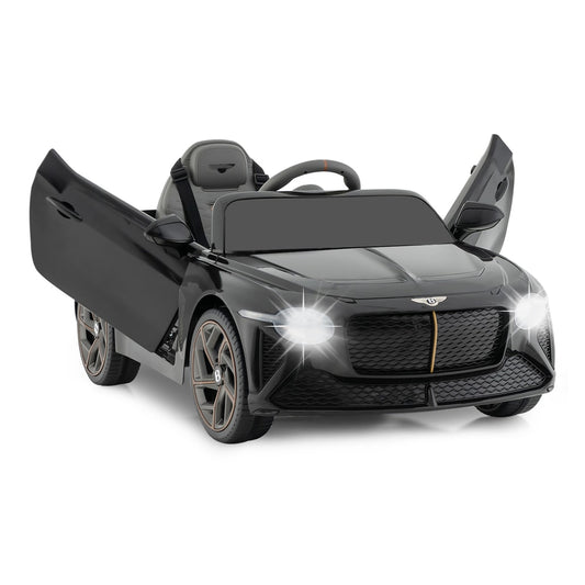 12V Licensed Bentley Bacalar Kids Ride On Car in black with open scissor doors and bright headlights