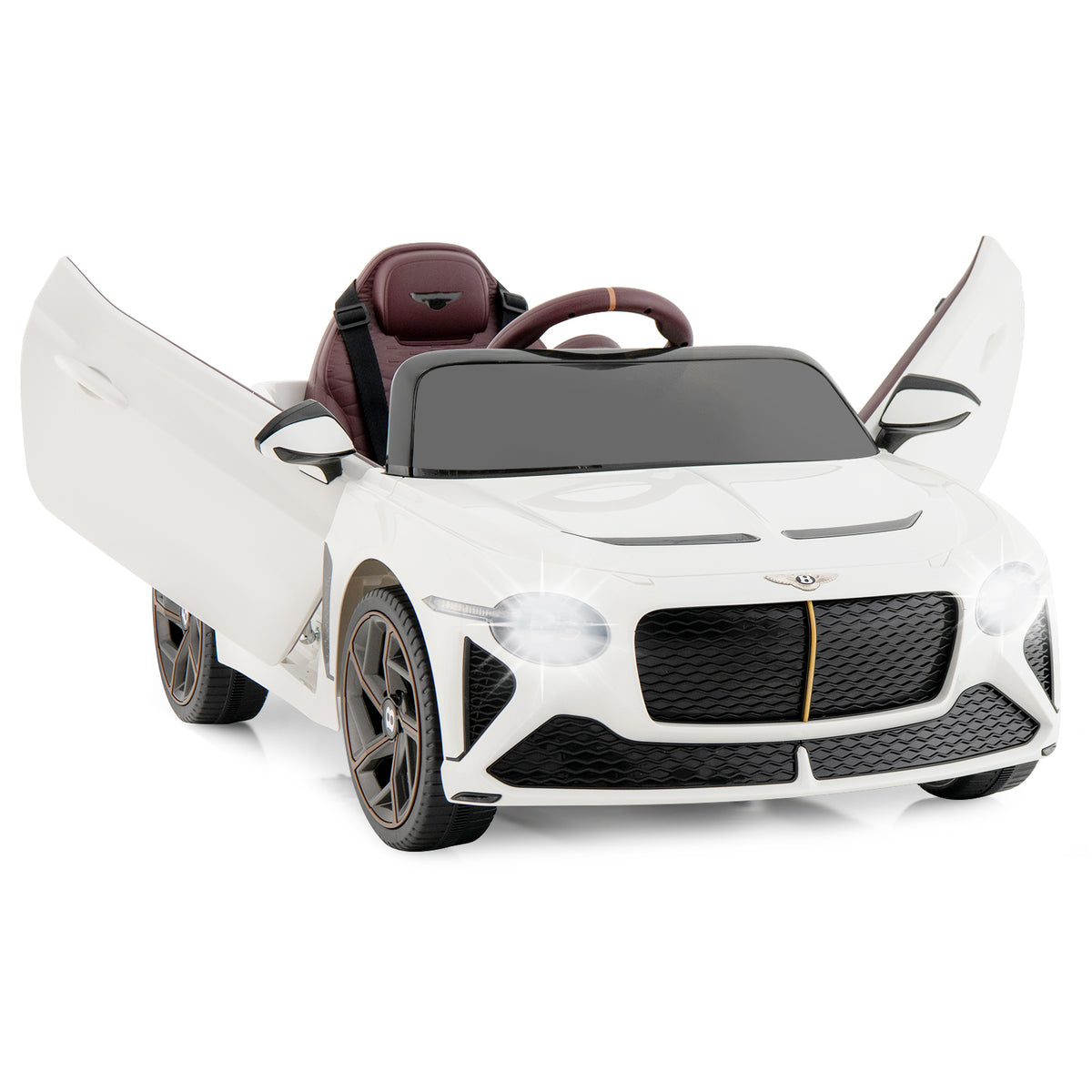 12V Licensed Bentley Bacalar Kids Ride On Car in white with open scissor doors and glowing lights
