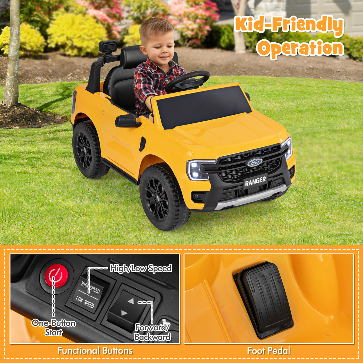 Close-up of the controls and foot pedal of the yellow kids electric car