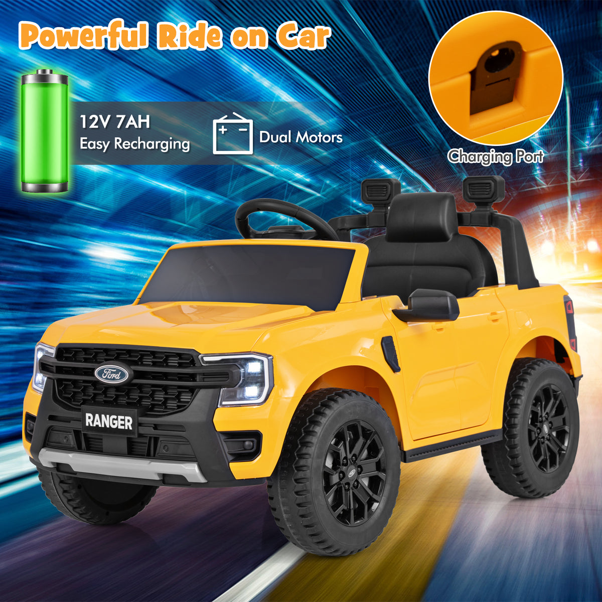 The yellow kids electric car is shown with text about its features and a charging port detail