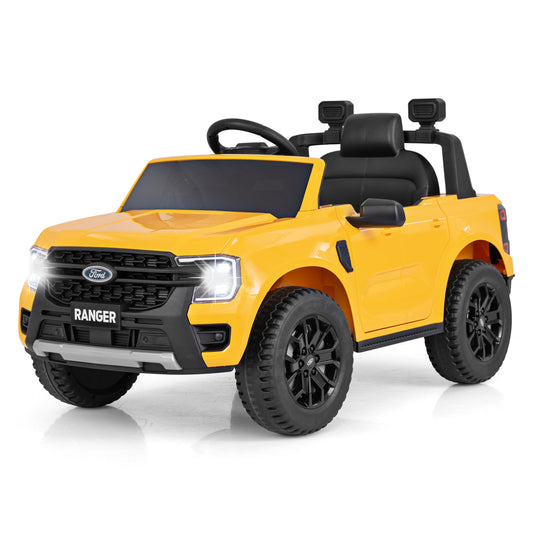 12V Licensed Ford Ranger Kids Ride on Car in bright yellow with black interior and wheels