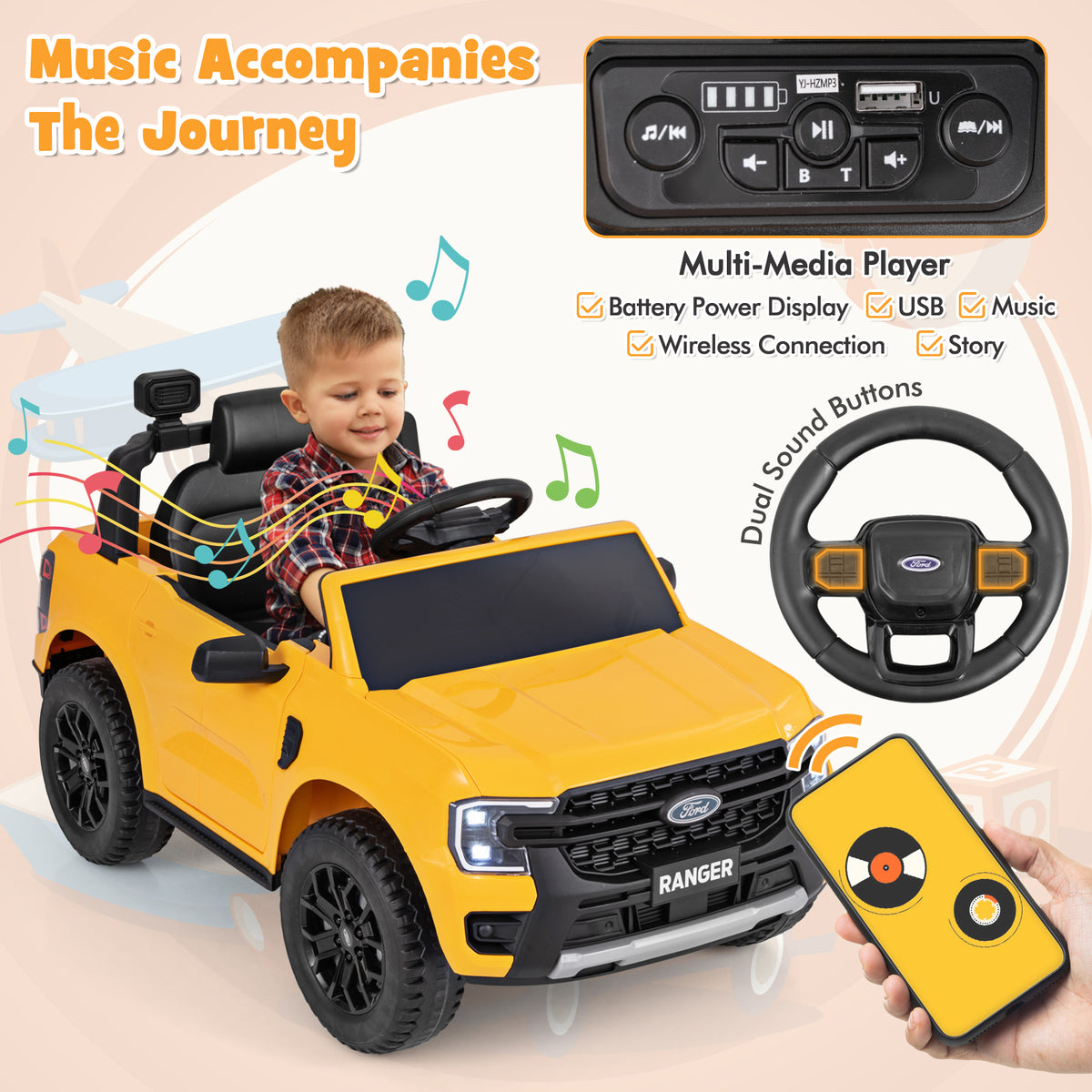 A child plays with the yellow kids electric car, with a graphic showing the multimedia player and remote