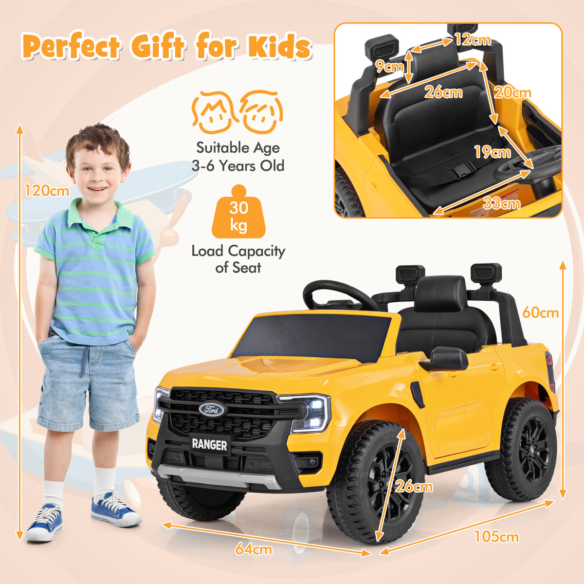A diagram showing the dimensions of the yellow kids electric car with a child standing next to it