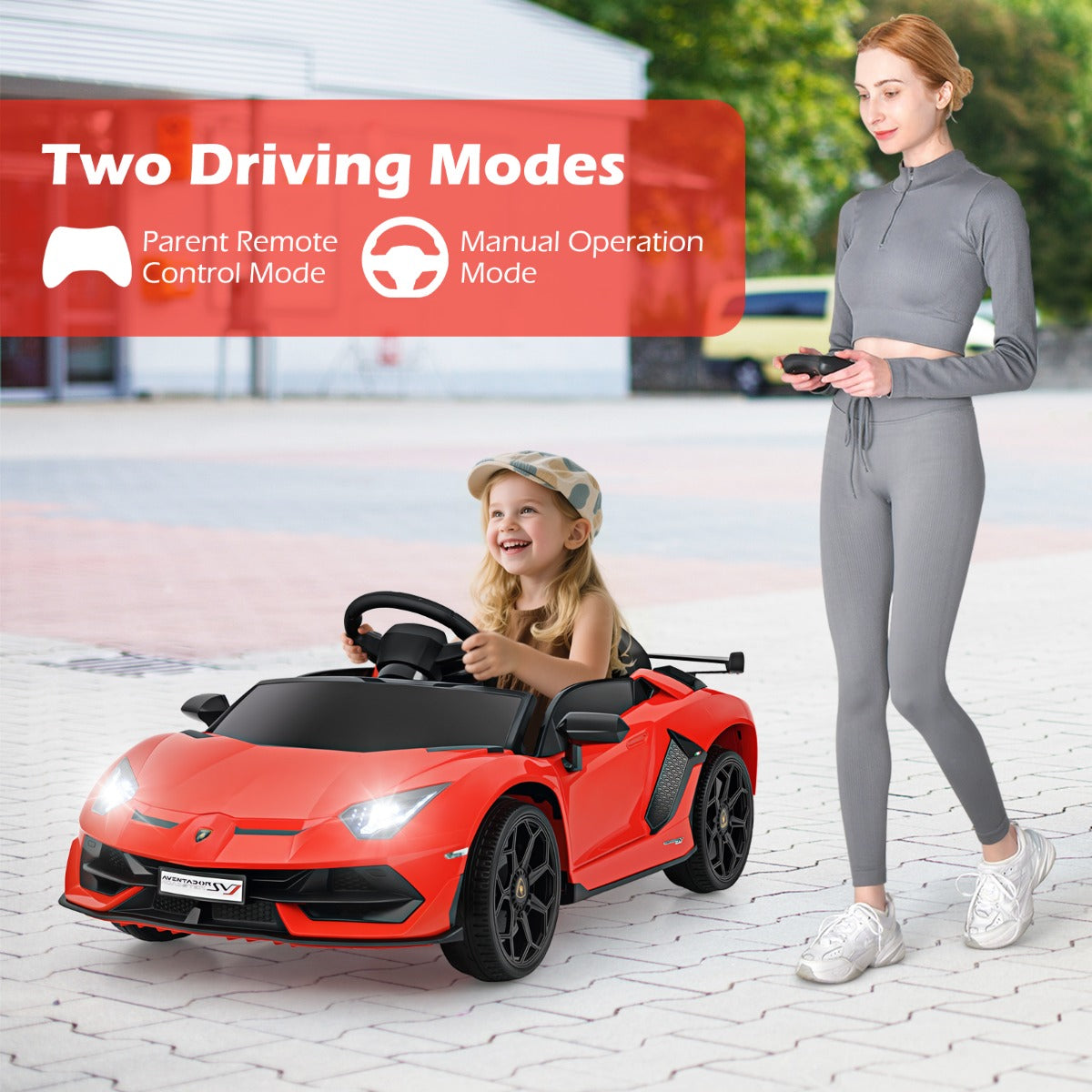 The kids electric car being operated by a woman using a remote control