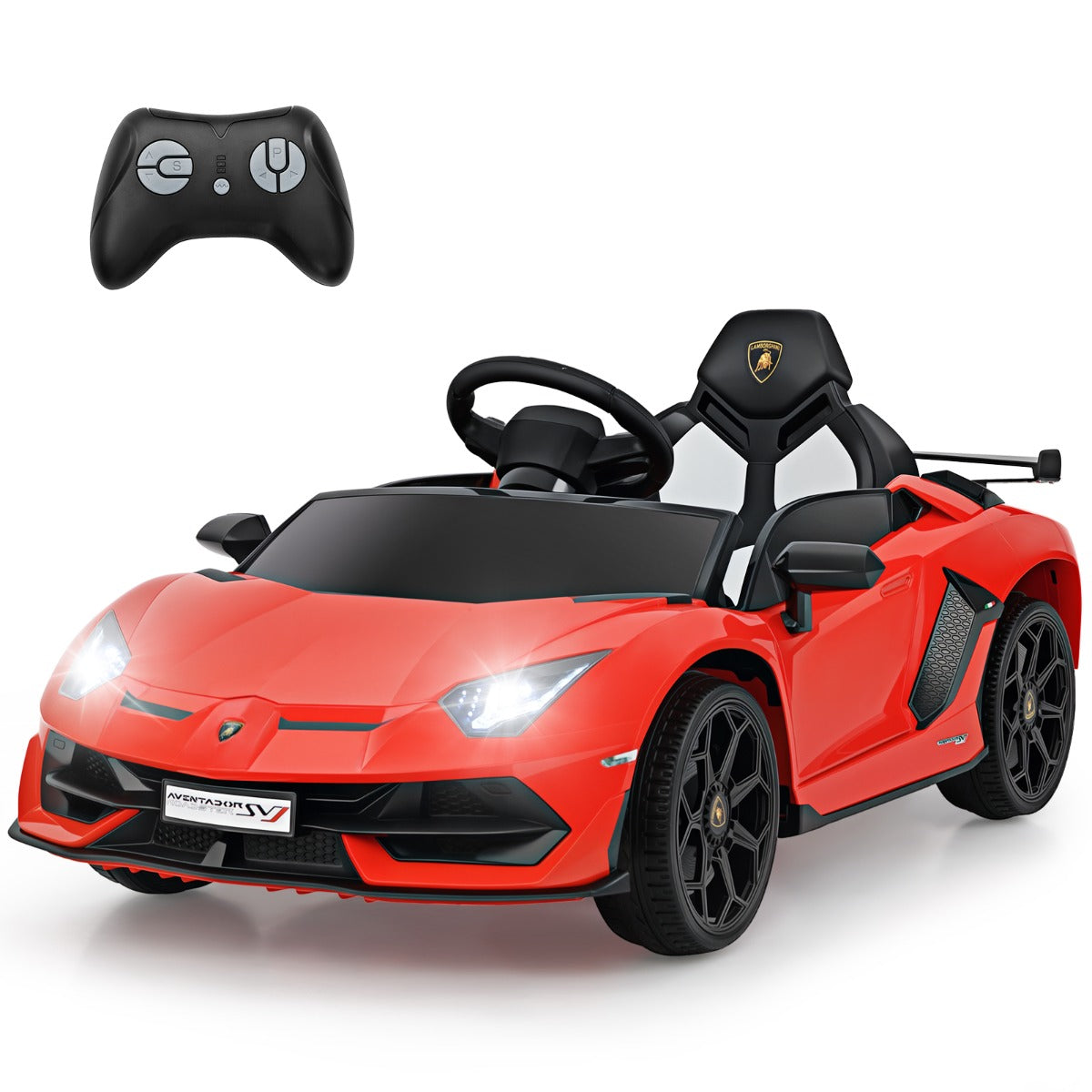 12V Licensed Lamborghini Kids Ride on Car with remote control shown in red