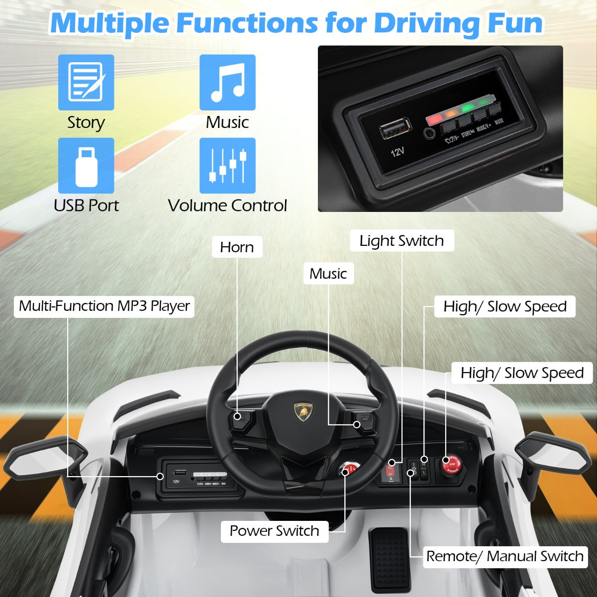 The kids electric car dashboard with labels for music and power controls