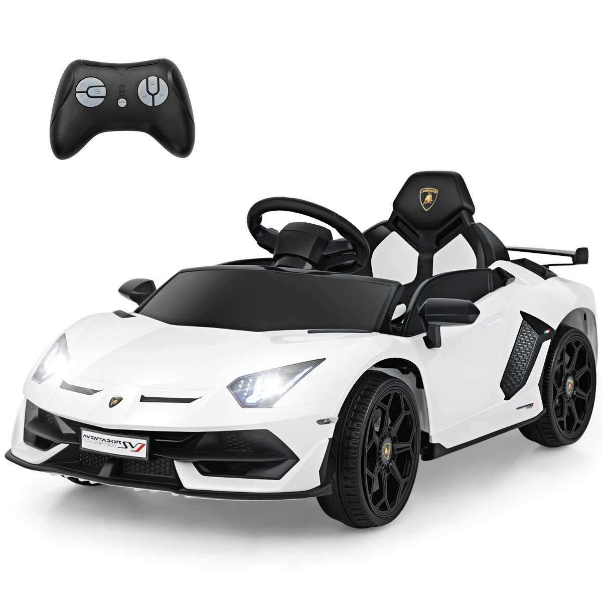 12V Licensed Lamborghini Kids Ride on Car in white with a black remote control