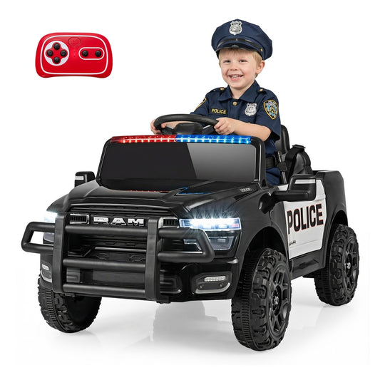 12V Licensed RAM 3500 Electric Vehicle with a remote control and a child in a police uniform