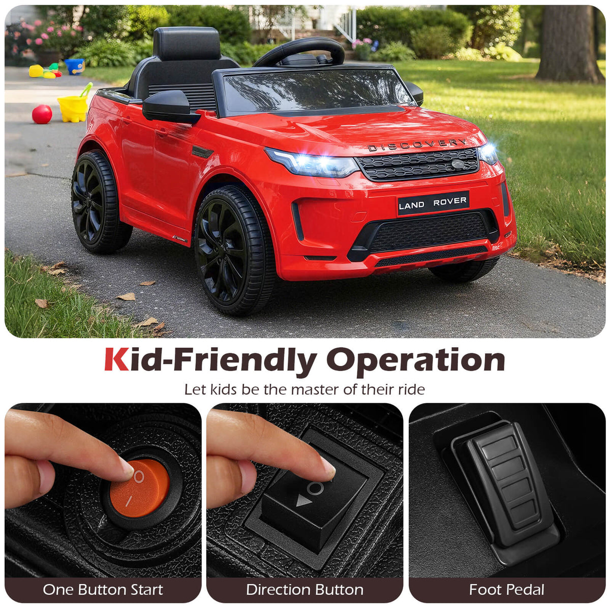 Close up of the red electric ride on car controls: start button, direction switch and foot pedal