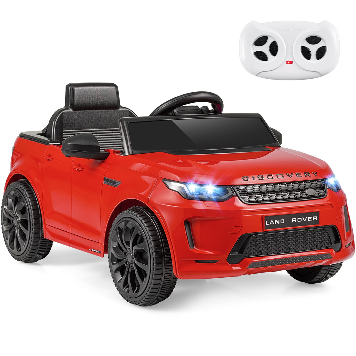 12V Ride on Car in red with a white remote control and bright LED headlights