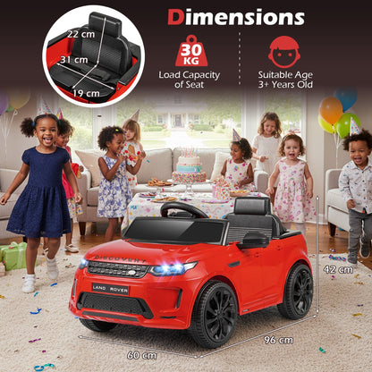 The red electric ride on car with dimensions and children around it at a party