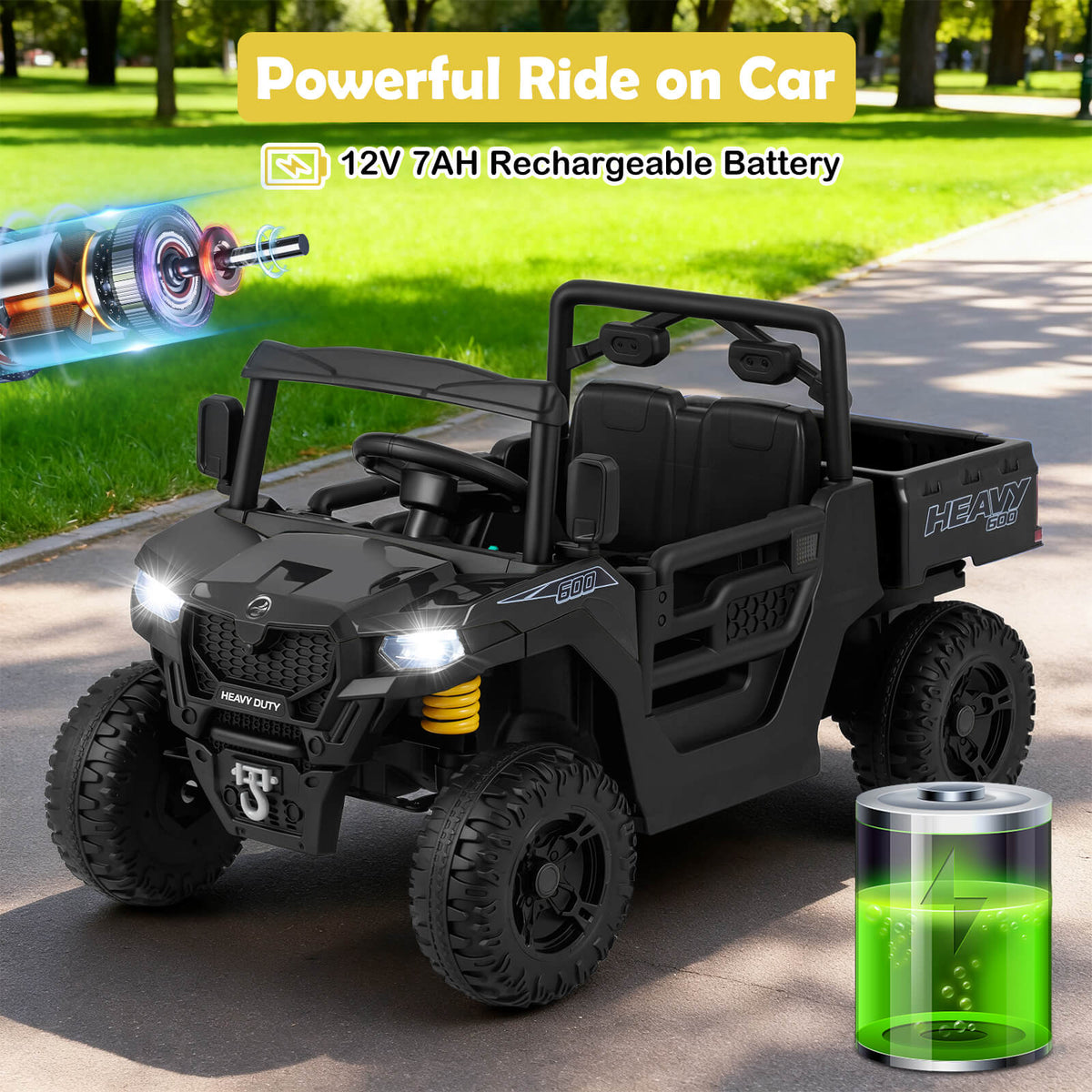 The kids electric car with a battery icon and motor illustration on a paved driveway