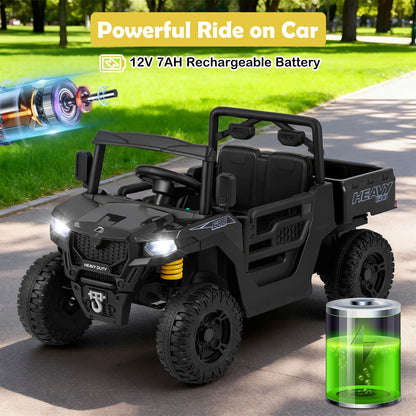 The kids electric car with a battery icon and motor illustration on a paved driveway
