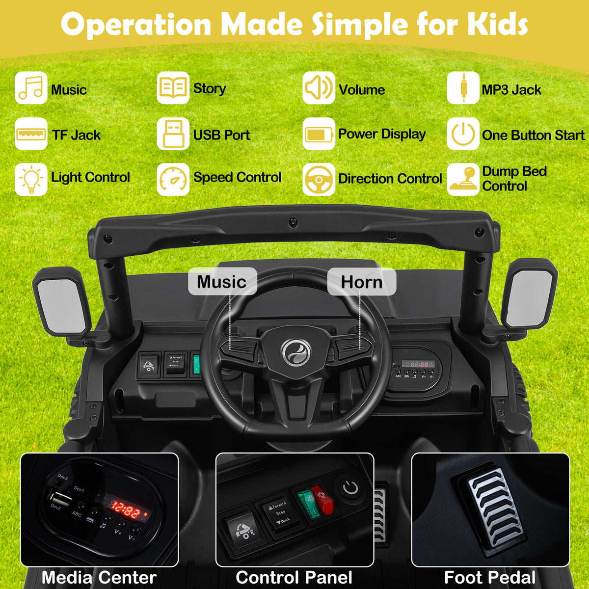 The kids electric car interior showing the steering wheel media centre and foot pedal