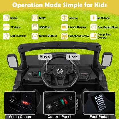 The kids electric car interior showing the steering wheel media centre and foot pedal