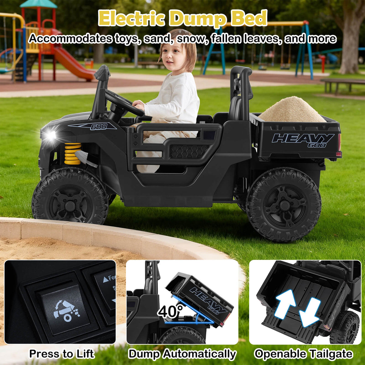 The kids electric car with a child and the dump bed mechanism shown in three small panels