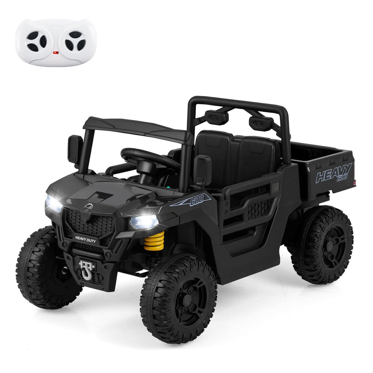 12V Ride on Dump Truck with a remote control and bright headlights in a black finish