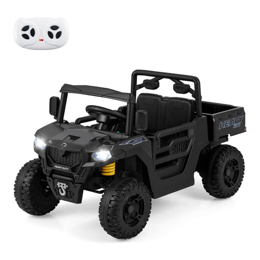12V Ride on Dump Truck with a remote control and bright headlights in a black finish