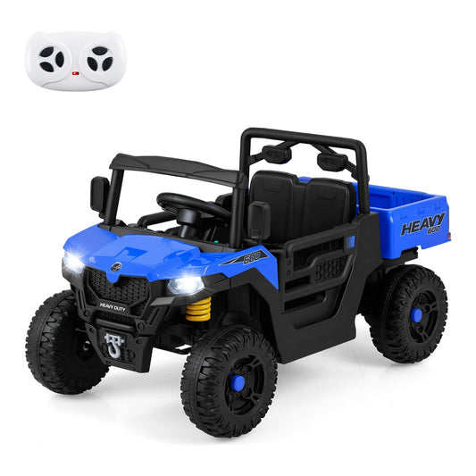 12V Ride on Dump Truck in blue with a remote control on top