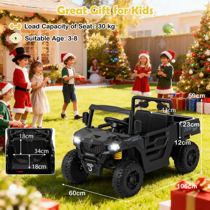 The kids electric car shown with various dimensions and text overlays in a festive garden