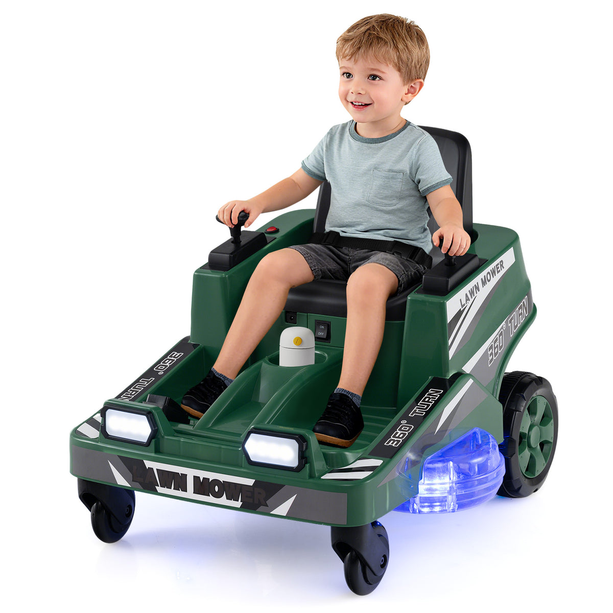 The kids electric car with a child sitting in the seat and holding the dual control sticks